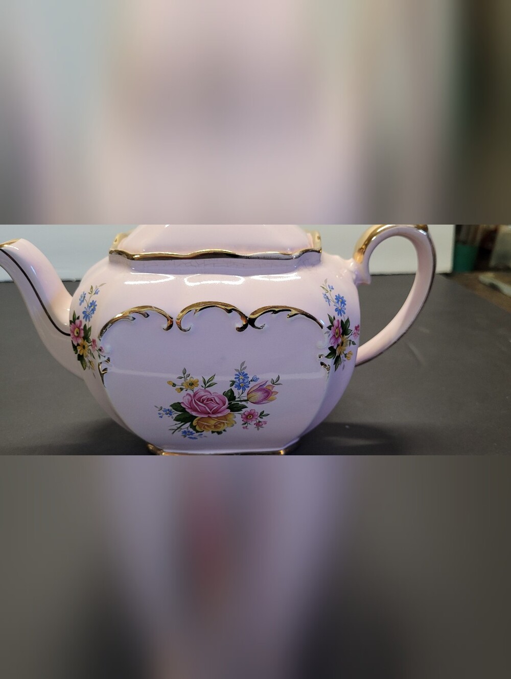 Sadler Pink Floral Cube  Porcelain Teapot with Gold Trim